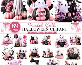 89 Pastel Goth Halloween PNG Bundle, Pink and Black Halloween Clipart, Gothic Pumpkin Skull Ghost PNG, Cute Spooky PNG