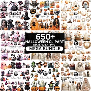 Op de afbeelding: Een verzameling Halloween-thema clipart-afbeeldingen. De afbeeldingen bevatten geesten, pompoenen, heksen, vleermuizen en andere spookachtige elementen. De tekst op de afbeelding luidt "650+ Halloween Clipart Transparent PNG Mega Bundle."