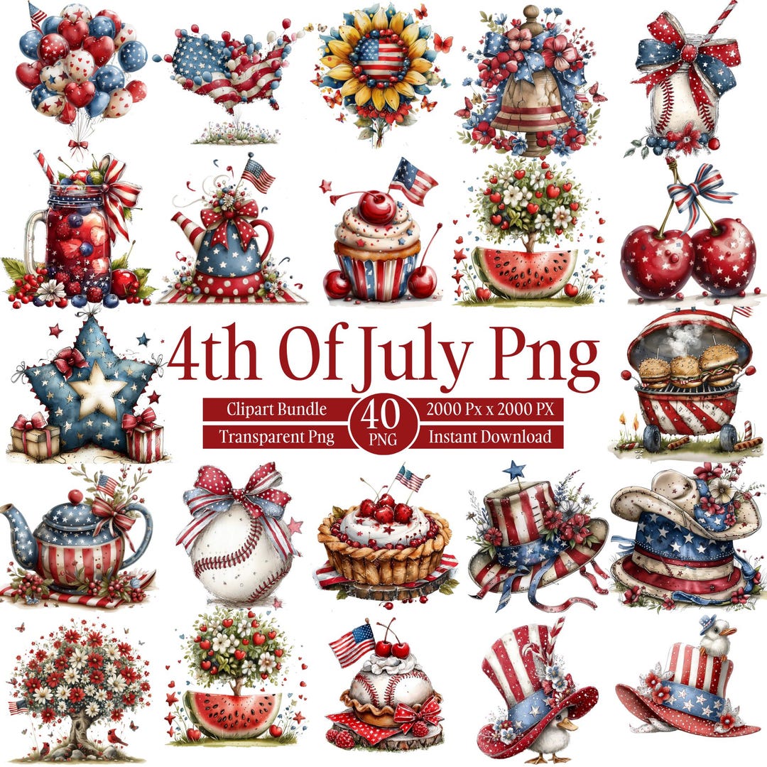 40 4th of July Clipart Png Bundle, Patriotic USA PNG, Watercolor ...