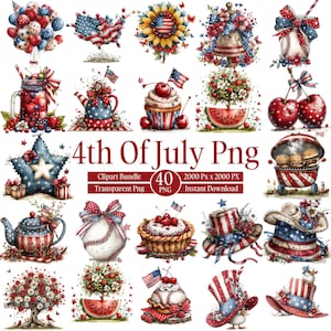 May include: A collection of watercolor illustrations with a patriotic theme. The images include balloons, a map of the USA, a sunflower, a bell, a baseball, a jar, a teapot, a cupcake, a watermelon, cherries, a star, gifts, a pie, and hats. The text reads "4th Of July Png".