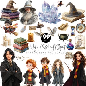 Könnte beinhalten: Eine Sammlung von Zauberer-Themen-Clipart-Elementen, darunter ein Zauberer, Bücher, ein Kristall, Eulen, ein Kessel und Charaktere mit Zauberstäben. Der Text "Wizard School Clipart" und "Transparent PNG Bundle" sind ebenfalls enthalten.