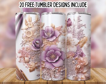May include: Three stainless steel tumblers with a floral design. The design features purple, white, and peach flowers with gold accents. The tumblers are on a wooden surface.
