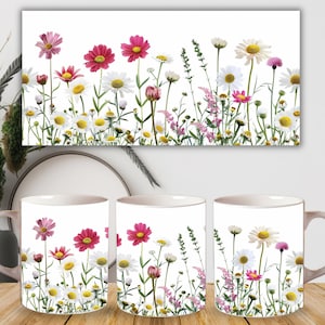 Wildflowers Mug sublimation designs, Watercolor Floral 15oz mug wraps png, Spring mug template designs, Flower Mug Sublimation Design