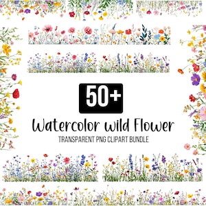 50+ Wildflower Clipart Bundle, Wildflower Meadow, Watercolor Flower, Watercolor Wildflower Png, Scrapbook, Junk Journal, Digital Download