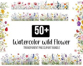 Può includere: Un pacchetto di clipart digitale di oltre 50 illustrazioni ad acquerello di fiori selvatici. I fiori sono disposti in file e bordi, con una varietà di colori e stili. Il testo "50+ Watercolor Wild Flower Transparent PNG Clipart Bundle" è visualizzato al centro dell'immagine.