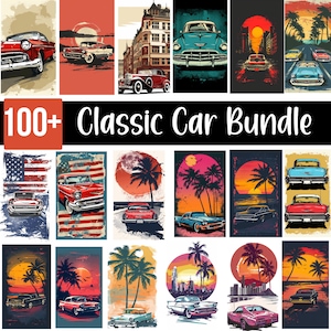 100+ Classic Cars Bundle, Vintage Car Clipart, Classic Vehicles Clipart Bundle, Retro Car Sublimation Designs, Muscle Classic American Cars