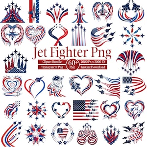 May include: A set of red, white, and blue jet fighter-themed PNG clipart images. The designs feature stylized jets, hearts, and abstract shapes. Text includes "Jet Fighter Png" and "Clipart Bundle".