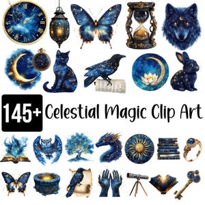 145+ Celestial Magic Clipart-bundel, Mystic Night Clipart, maan en sterren graphics, Fantasy Witchy esthetiek, digitale download