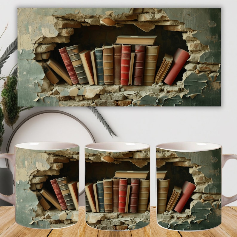 May include: Three white ceramic mugs with a design of a brick wall with a hole revealing a bookshelf filled with vintage books. The mugs are on a wooden surface.