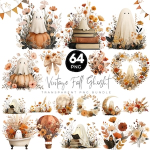 May include: A collection of fall-themed digital graphics featuring ghosts, pumpkins, flowers, and books. The images are in shades of orange, cream, and brown, with the text "Vintage Fall Ghost" and "64 PNG" included. These graphics are perfect for seasonal crafts.