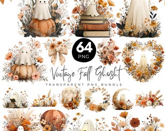 64 clipart vintage de fantasmas de outono, pacote de fantasmas boho de outono, diário de Halloween PNG, fantasma e flor em aquarela PNG, download digital