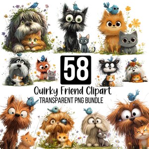 58 Quirky Friend PNG Clipart Bundle, Whimsical Cartoon Dog, Cat, Bird Buddies, Watercolor Animals, PNG for Invitations, Card Making Png