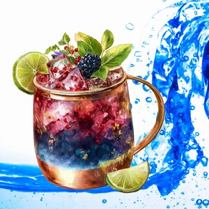 May include: A copper mug filled with a colourful cocktail, garnished with lime, blackberries, and mint. The drink has a layered effect with red, purple, and blue hues, and is topped with ice cubes. A slice of lime sits on the rim and another at the bottom.