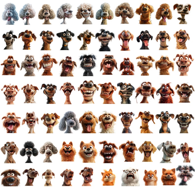 Pu&ograve; includere: Una collezione di 64 volti di cani di cartoni animati con diverse espressioni, tra cui felici, sorpresi e stupidi. I cani sono di razze e colori diversi e guardano tutti direttamente lo spettatore.