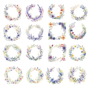 May include: Set of 18 watercolor floral wreaths and frames in shades of purple, blue, yellow, and pink. The wreaths and frames are perfect for adding a touch of elegance to any project.