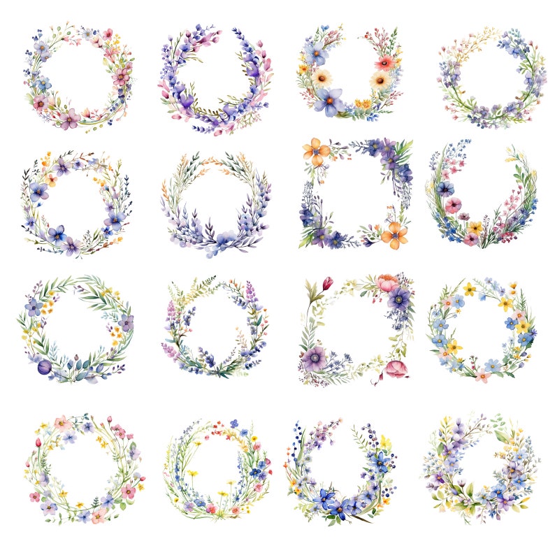 May include: Set of 18 watercolor floral wreaths and frames in shades of purple, blue, yellow, and pink. The wreaths and frames are perfect for adding a touch of elegance to any project.