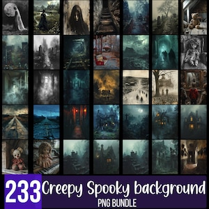Puede incluir: Una colección de 30 imágenes de arte digital con temática espeluznante. Las imágenes presentan varias escenas, incluyendo casas embrujadas, paisajes inquietantes y figuras fantasmales. El texto "233 Creepy Spooky background PNG Bundle" está en la parte inferior.