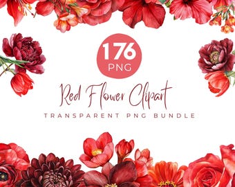 Paquete de 176 imágenes prediseñadas de flores rojas, flores de acuarela PNG, flores rojas y ruborizadas, flores para ramos de boda, rosas de San Valentín PNG, descarga digital