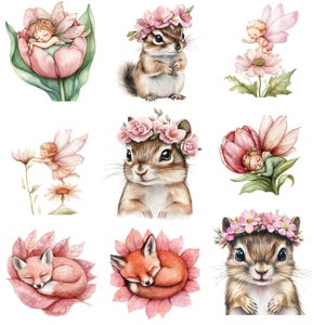 Op de afbeelding: Waterverfillustraties van bosdieren en fee&euml;n. De afbeelding toont een chipmunk met een bloemenkrans, een slapende vos opgerold in roze bladeren en een fee die slaapt in een roze tulp.