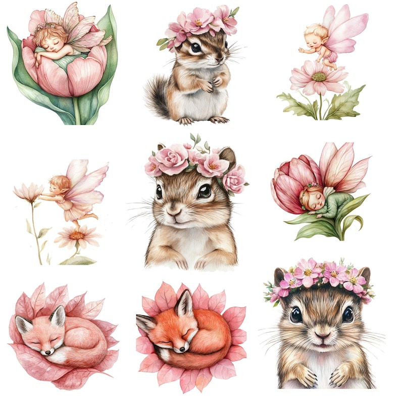 Op de afbeelding: Waterverfillustraties van bosdieren en fee&euml;n. De afbeelding toont een chipmunk met een bloemenkrans, een slapende vos opgerold in roze bladeren en een fee die slaapt in een roze tulp.