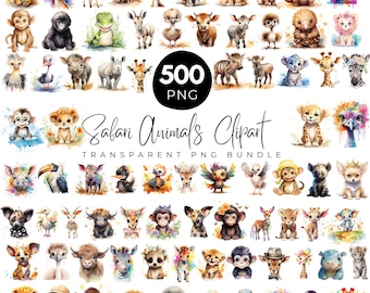 500 akwarelowych obrazków Safari Baby Animals Clipart, Safari Animals PNG, Safari Nursery PNG, Zwierzęta dżungli, Słoń urodzinowy Żyrafa Tygrys Małpa