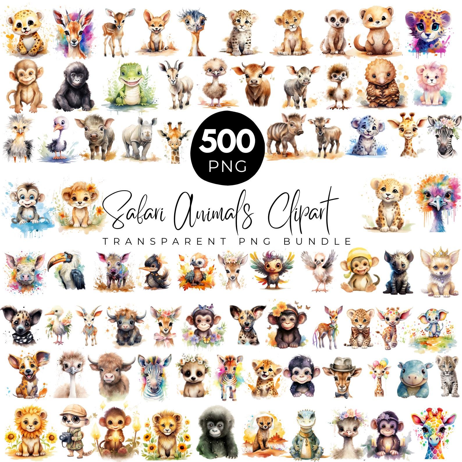 500 Watercolor Safari Baby Animals Clipart, Safari Animals PNG, Safari Nursery PNG, Jungle Animals, Birthday Elephant Giraffe Tiger Monkey