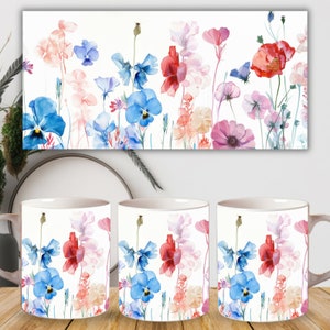 Wildflowers Mug sublimation designs, Watercolor Floral 15oz mug wraps png, Spring mug template designs, Flower Mug Sublimation Design