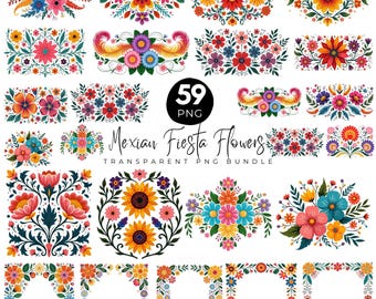 Clipart fleurs Fiesta mexicaine, vibrant Otomi Floral PNG, Clipart Cinco de Mayo, graphisme folklorique mexicain, lot de fleurs colorées, partie Fiesta