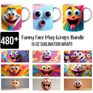 Lot de 480 mugs, visages hilarants de dessins animés, clown, expressions idiotes, coloré 15 oz, sublimation Wraps PNG, téléchargement numérique