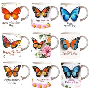 May include: Set of six white ceramic mugs with different butterfly designs and the text "Happy Mother's Day".
