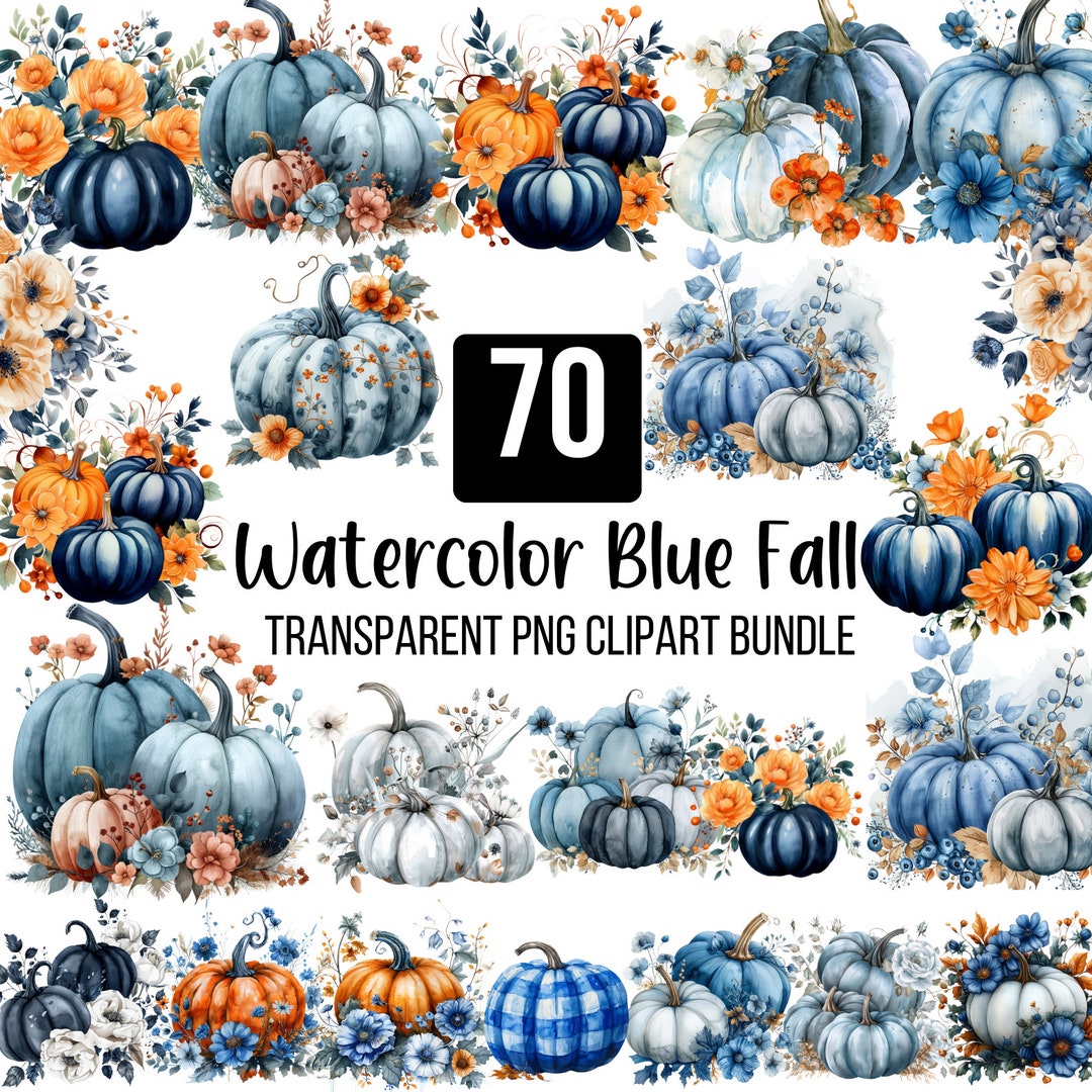 70 Watercolor Blue Fall Clipart Bundle, Floral Blue Pumpkin Png, Autumn ...