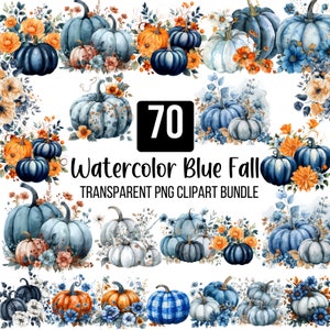 Paquete de 70 imágenes prediseñadas de otoño en acuarela azul, calabaza azul floral PNG, paquete de granja otoñal, imágenes prediseñadas de Acción de Gracias, descarga digital