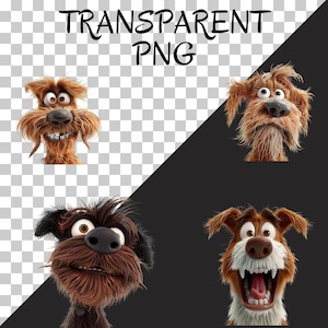Pu&ograve; includere: Quattro volti di cani di cartoni animati con espressioni diverse. I cani hanno il pelo marrone e guardano direttamente lo spettatore.