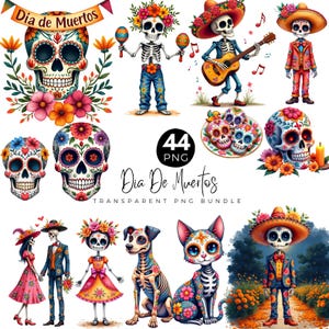 Dia De Muertos PNG Bundle, Watercolor Day of the Dead Clipart, Sugar Skull PNG, Catrina Doll Illustration, Mexican Skeleton, Cute Ghost PNG