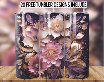 Vaso con diseño de flores moradas en 3D, vaso delgado de sublimación de 20 oz, vaso recto con envoltorio, vaso floral 3D sin costuras, envoltura de flores 3D, png