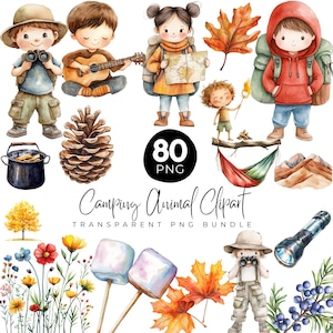 80 Camping Animals PNG Clipart Bundle, Watercolor & Cartoon Forest Bear, Campfire Tent Lantern PNG, Wildflower, Autumn Leaves Png