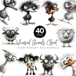Whimsical Funny Animal Clipart Png Bundle, Quirky Animals Clipart, Crazy Hair Animal, Funny Animals Png, Digital Download image 1