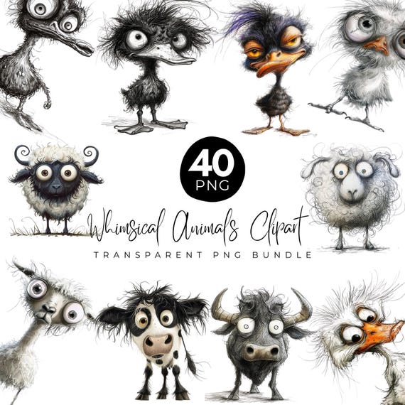Whimsical Funny Animal Clipart Png Bundle, Quirky Animals Clipart, Crazy Hair Animal, Funny Animals Png, Digital Download