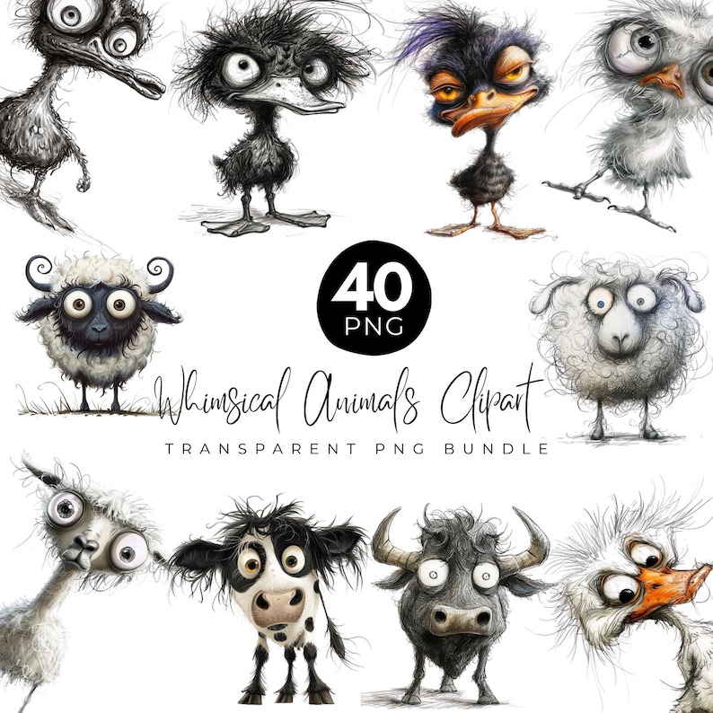 Whimsical Funny Animal Clipart Png Bundle, Quirky Animals Clipart, Crazy Hair Animal, Funny Animals Png, Digital Download image 1