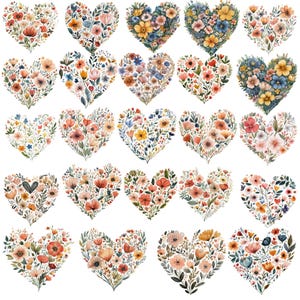 May include: A collection of watercolor heart-shaped floral arrangements. Each heart is filled with a variety of flowers in shades of red, orange, yellow, blue, and pink, with green foliage. The hearts are arranged on a white background.