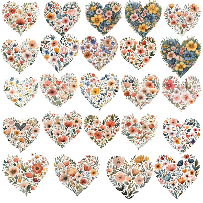 May include: A collection of watercolor heart-shaped floral arrangements. Each heart is filled with a variety of flowers in shades of red, orange, yellow, blue, and pink, with green foliage. The hearts are arranged on a white background.