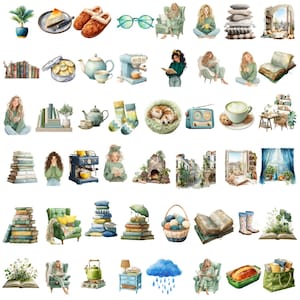 May include: Watercolor illustrations of cozy items, including books, coffee, tea, and a pet bed. The image features a variety of objects, such as a coffee maker, a stack of books, and a pair of slippers. The color palette is soft and inviting, with a focus on warm tones.