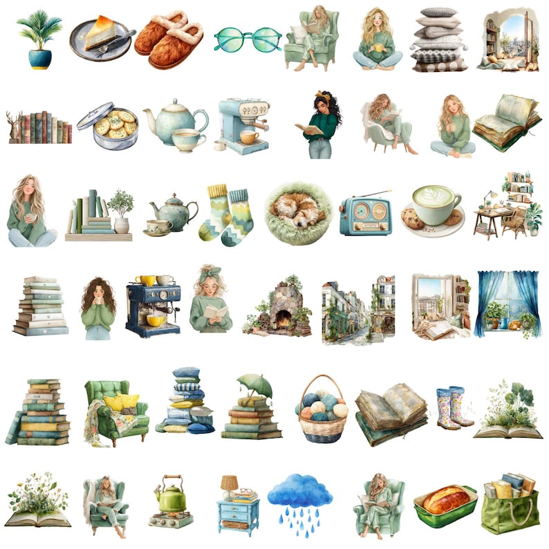 May include: Watercolor illustrations of cozy items, including books, coffee, tea, and a pet bed. The image features a variety of objects, such as a coffee maker, a stack of books, and a pair of slippers. The color palette is soft and inviting, with a focus on warm tones.