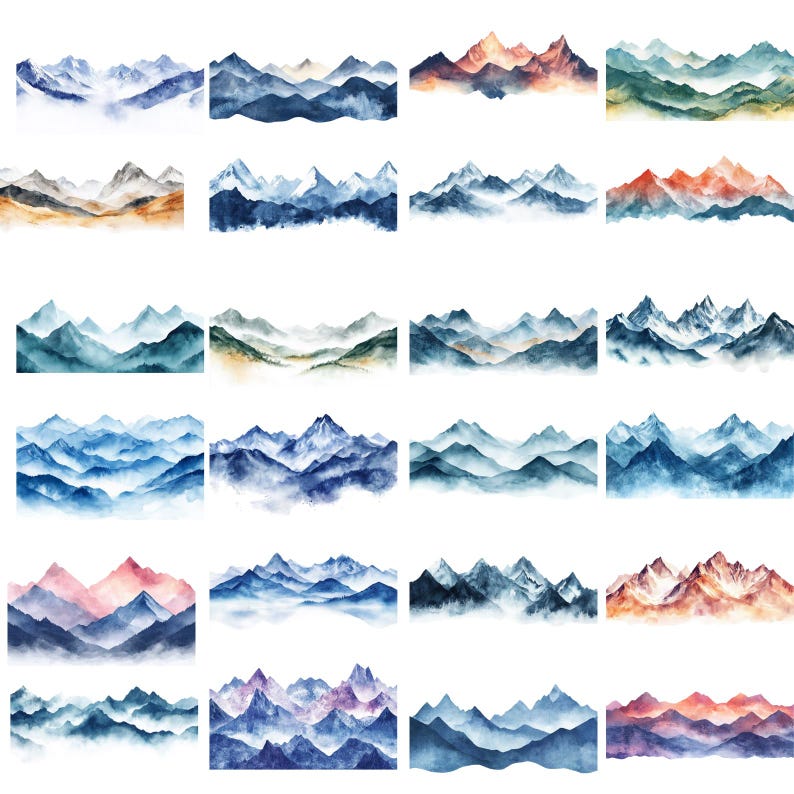 May include: A set of 16 watercolour illustrations of mountain ranges in various colours and styles. The mountains are depicted with soft, blended edges and a misty, ethereal quality. Some of the mountains are painted in shades of blue, green, and purple, while others feature warm tones of orange, red, and yellow. The illustrations are ideal for adding a touch of nature to any project.