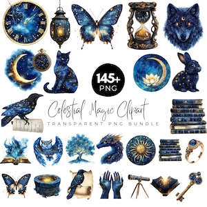 Pacote de clipart de magia celestial 145+, clipart de noite mística, gráficos de lua e estrelas, estética de bruxaria de fantasia, download digital