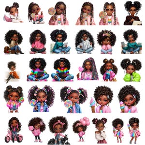 Peut inclure: Ensemble d'illustrations num&eacute;riques repr&eacute;sentant des jeunes filles noires dans diverses poses. Les filles sont repr&eacute;sent&eacute;es avec diff&eacute;rentes coiffures, tenues et accessoires, notamment des sucettes, des tablettes et des cornets de glace. Les illustrations sont de style cartoon.