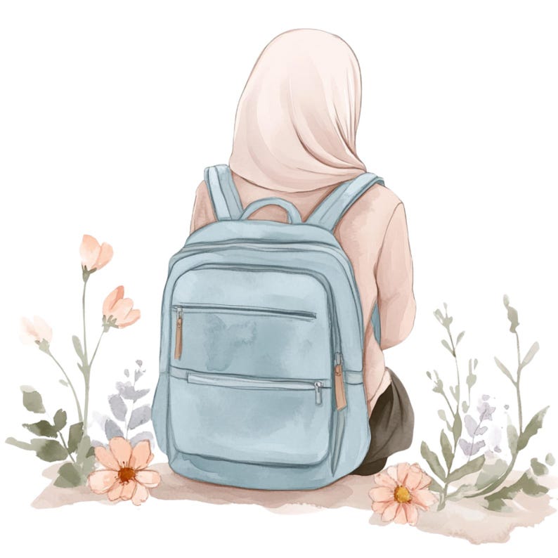 May include: Watercolor illustration of a person wearing a light pink hijab and shirt, with a light blue backpack. The backpack has two zippered compartments and brown leather zipper pulls. Peach-colored flowers and greenery are in the foreground.
