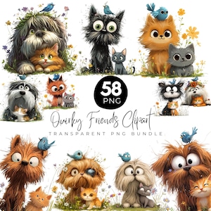 58 eigenzinnige vriend PNG-clipartbundel, grillige cartoon hond, kat, vogelvrienden, aquarel dieren, png voor uitnodigingen, kaarten maken, png
