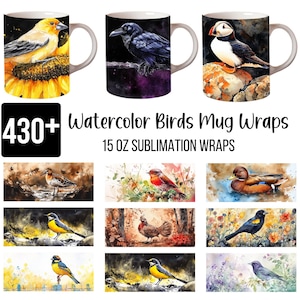 Plus de 430 emballages de mugs aquarelle oiseaux, macareux, corbeau, paruline jaune, rouge-gorge et plus, art oiseau peint à la main, 15 oz sublimation wraps PNG