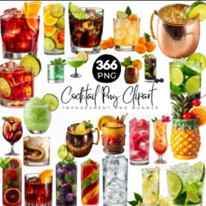 May include: A selection of cocktails with citrus fruits, displayed in various glasses. The image features a copper mug, a pineapple-shaped glass, and the text "366 PNG Cocktail PNG Clipart Transparent PNG Bundle."
